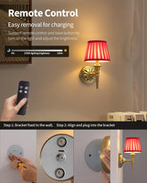 Wall-mounted light fixture with remote control and brightness adjustment, installation steps shown.